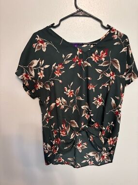 West Kei Dark Green Floral Knot-Front Blouse